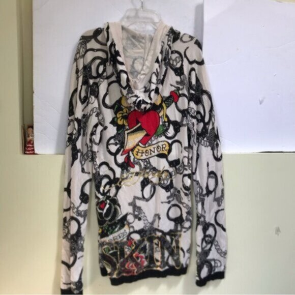 Ed Hardy RARE Vintage Y2K Hoodie Handcuffs Tattoo Crystal Knit Top Sweater L - Picture 4 of 16